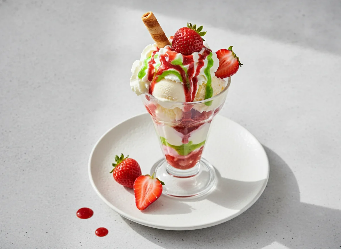 Eisbecher mit Erdbeeren und Sahne photo