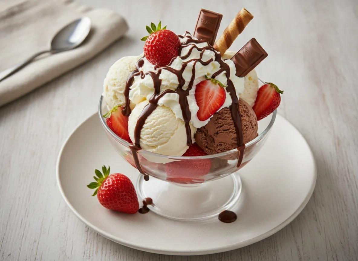 Eisbecher mit Erdbeeren und Schokoladensauce photo
