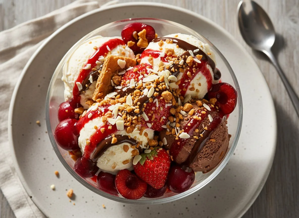 Eisbecher mit Früchten und Toppings photo