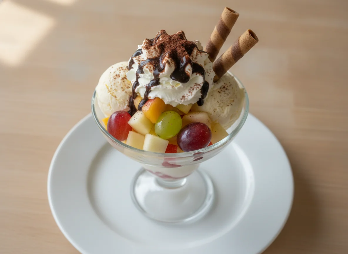 Eisbecher mit Fruchtsalat und Sahne photo