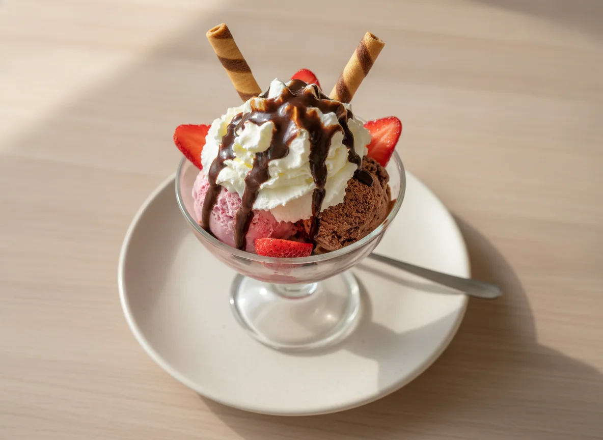 Eisbecher mit Schlagobers und Waffel photo