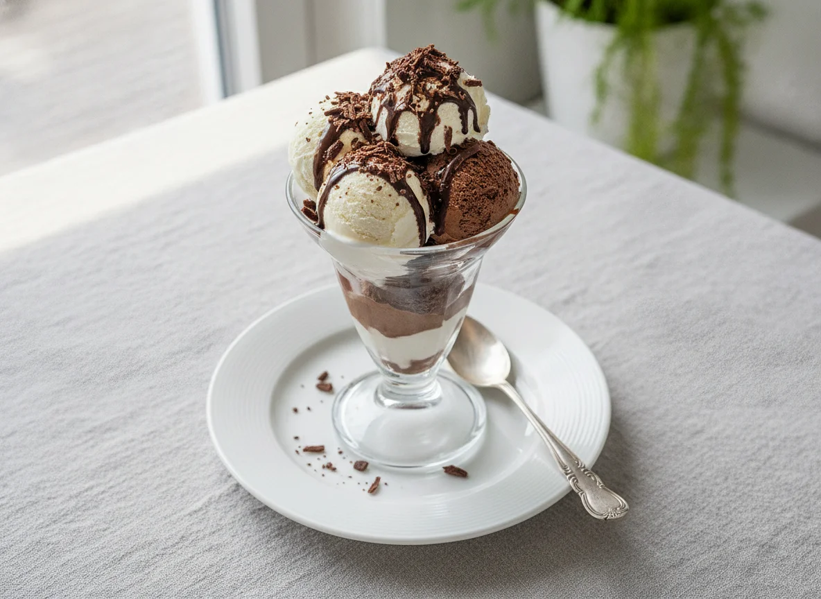 Eisbecher mit Schokoladen- und Vanilleeis photo