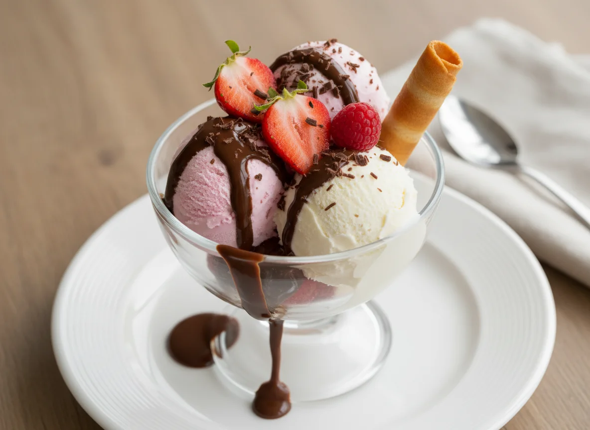 Eisbecher mit Schokoladensauce photo