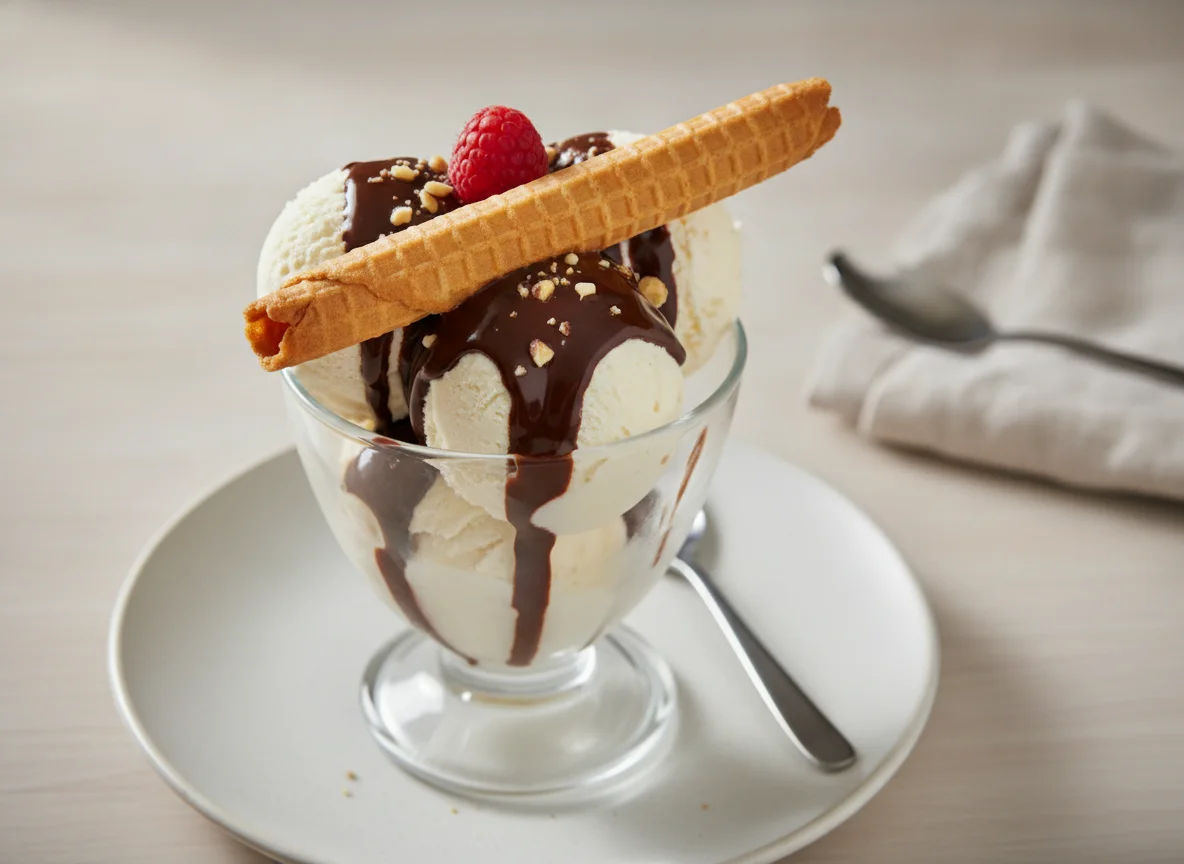 Eisbecher mit Schokoladensauce und Waffel photo