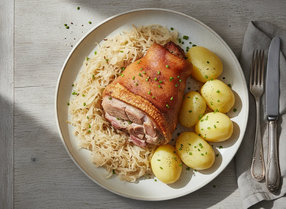 Eisbein mit Sauerkraut und Salzkartoffeln photo