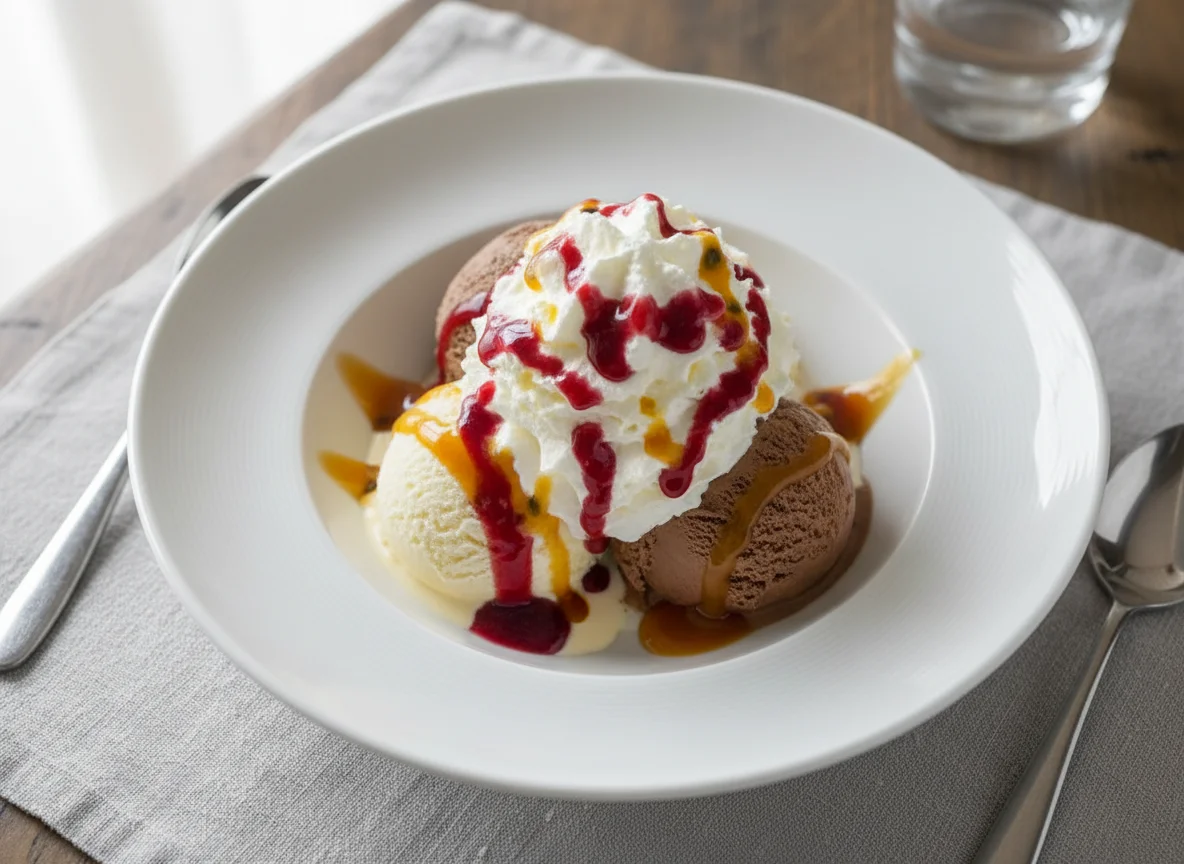 Eisdessert mit Sahne und Soßen photo