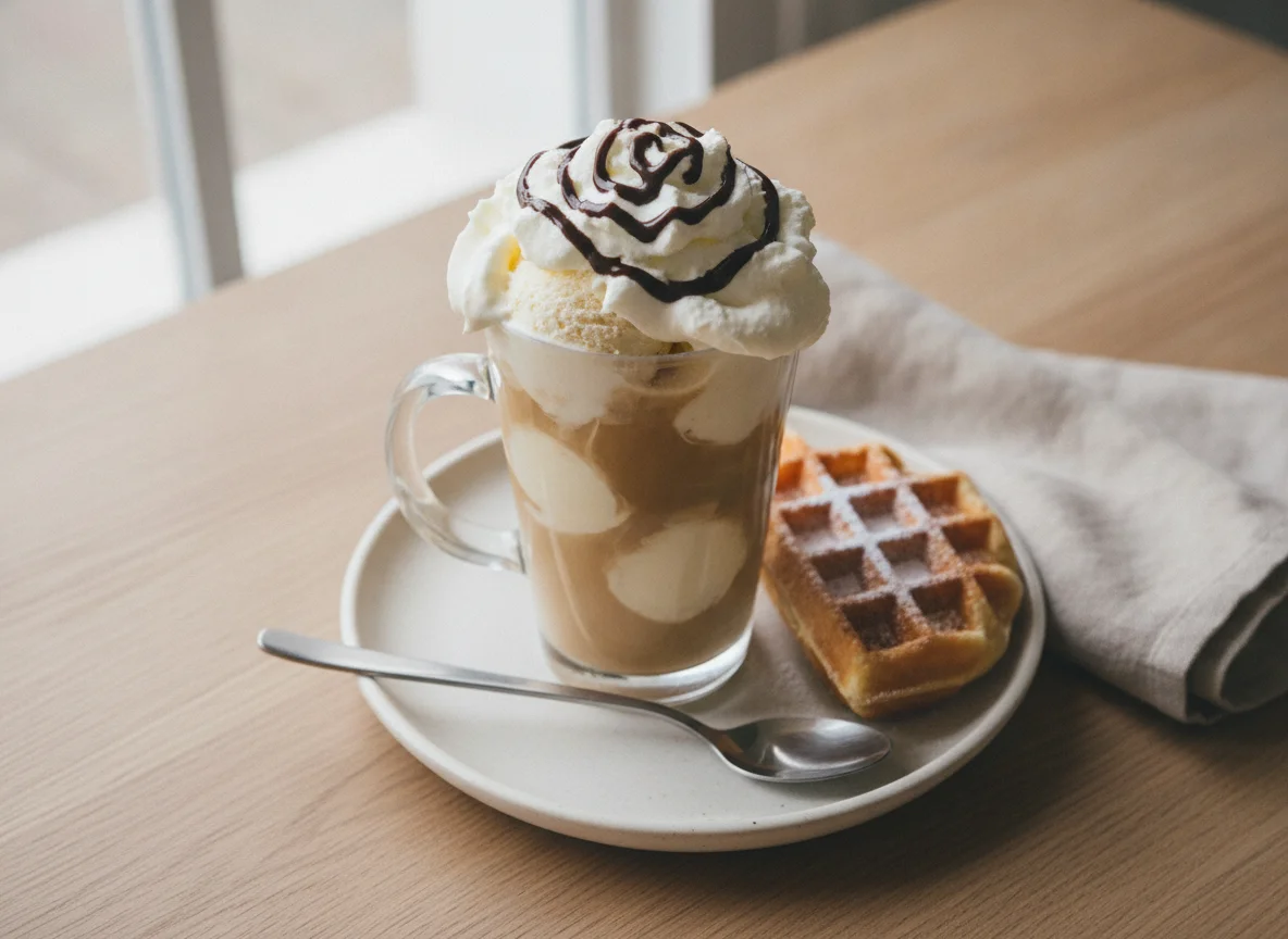 Eiskaffee mit Sahne und Waffel photo