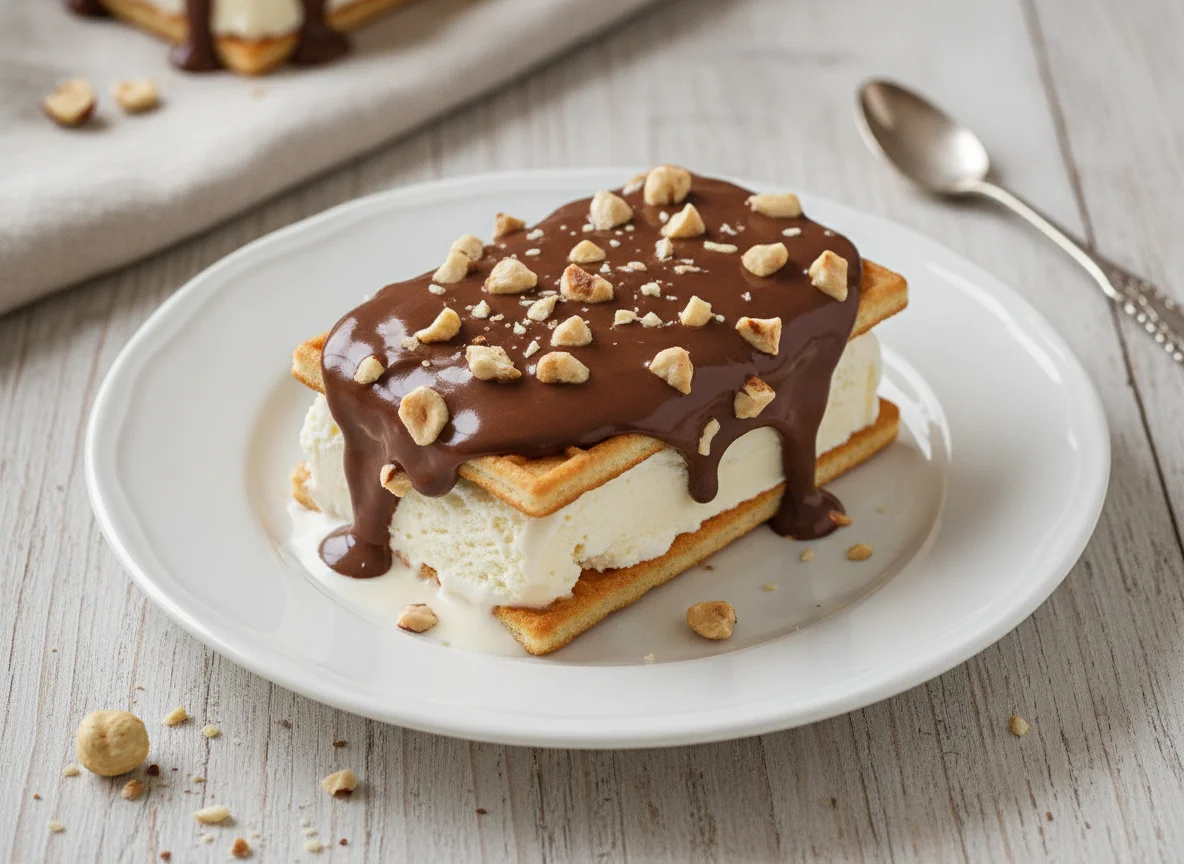 Eis-Sandwich mit Schokoladenüberzug und Nüssen photo