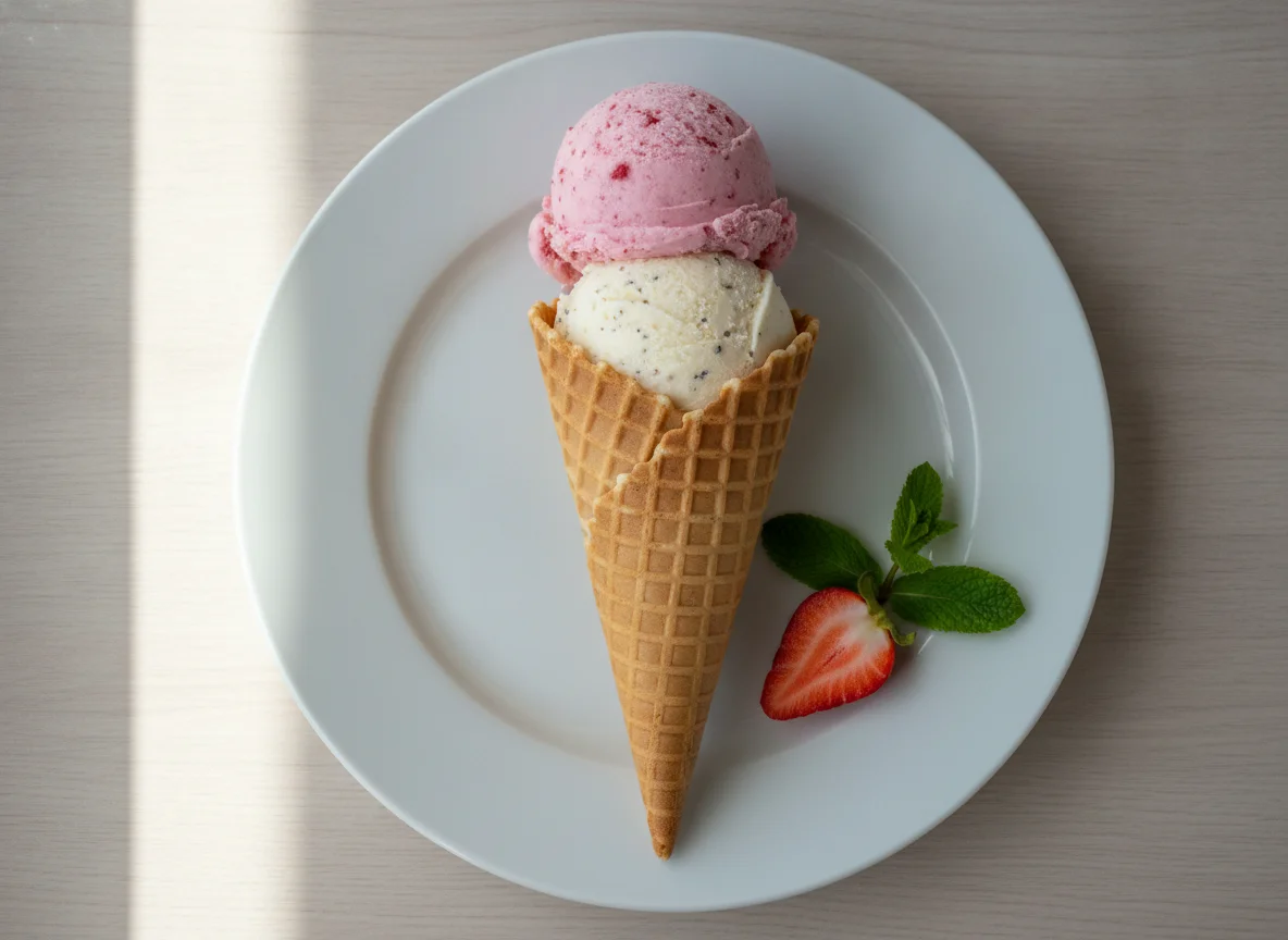 Eiswaffel mit Erdbeer- und Vanilleeis photo
