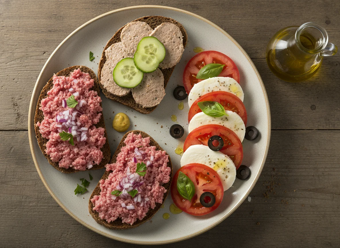 Eiweißbrot mit Mett und Leberwurst sowie Tomate-Mozzarella-Salat photo