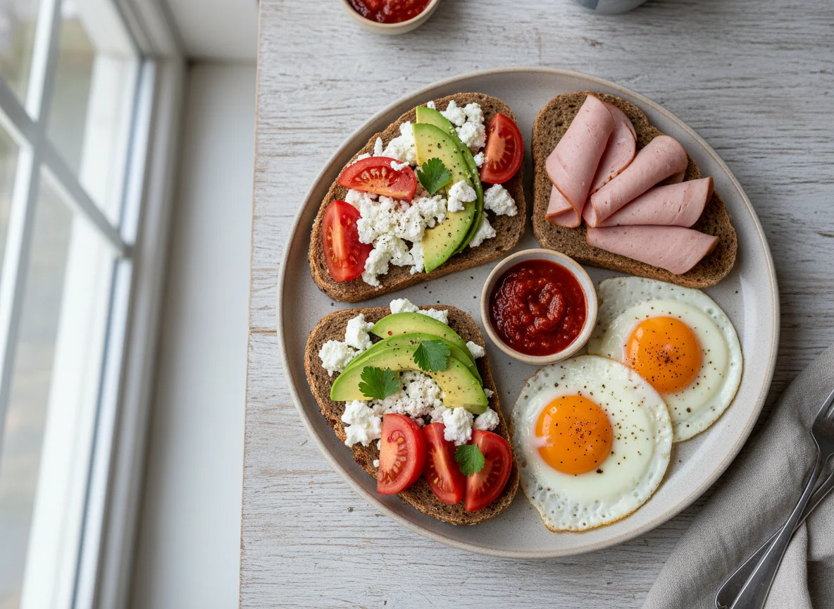 Eiweißbrot-Frühstück mit verschiedenen Belägen photo