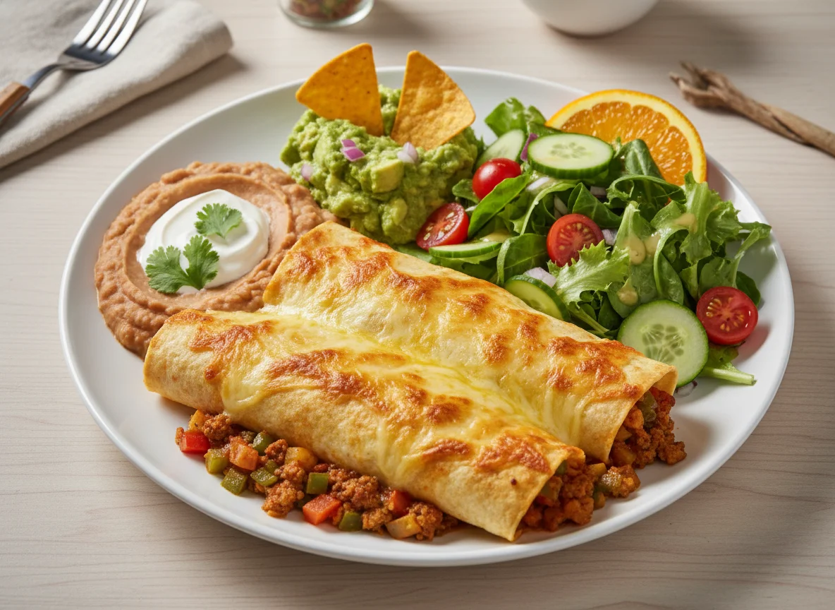 Enchilada mit Bohnen, Guacamole und Salat photo