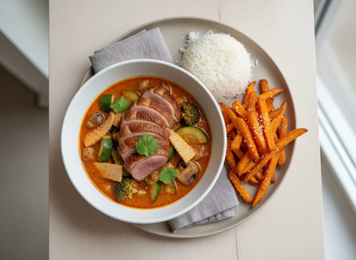 Ente in rotem Curry mit Reis und Süßkartoffelpommes photo