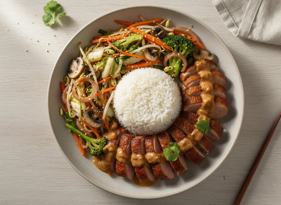 Ente mit Erdnusssauce und gebratenem Gemüse mit Reis photo