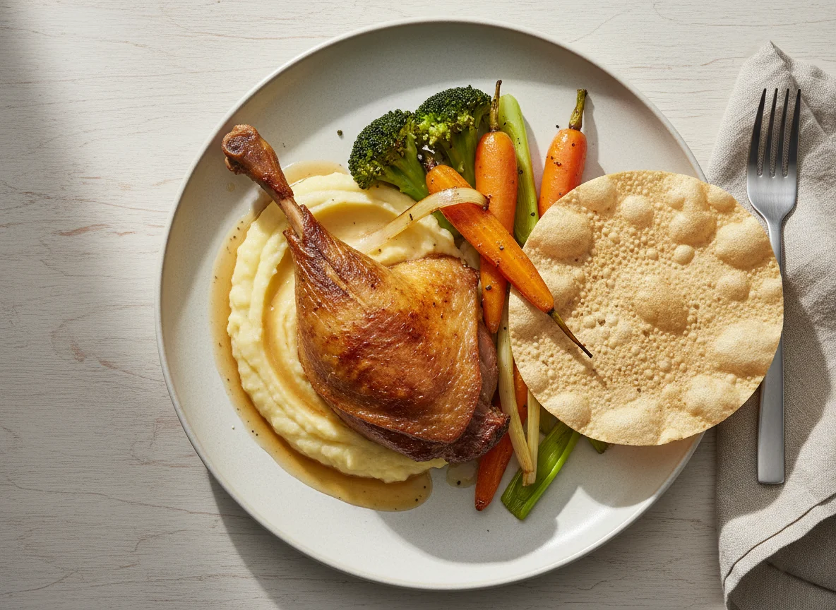 Entenbraten mit Gemüse, Püree und Papadum photo
