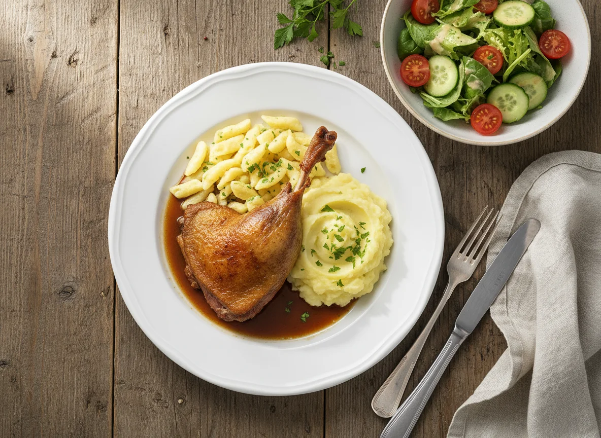 Entenbraten mit Spätzle, Kartoffelbrei und Salat photo