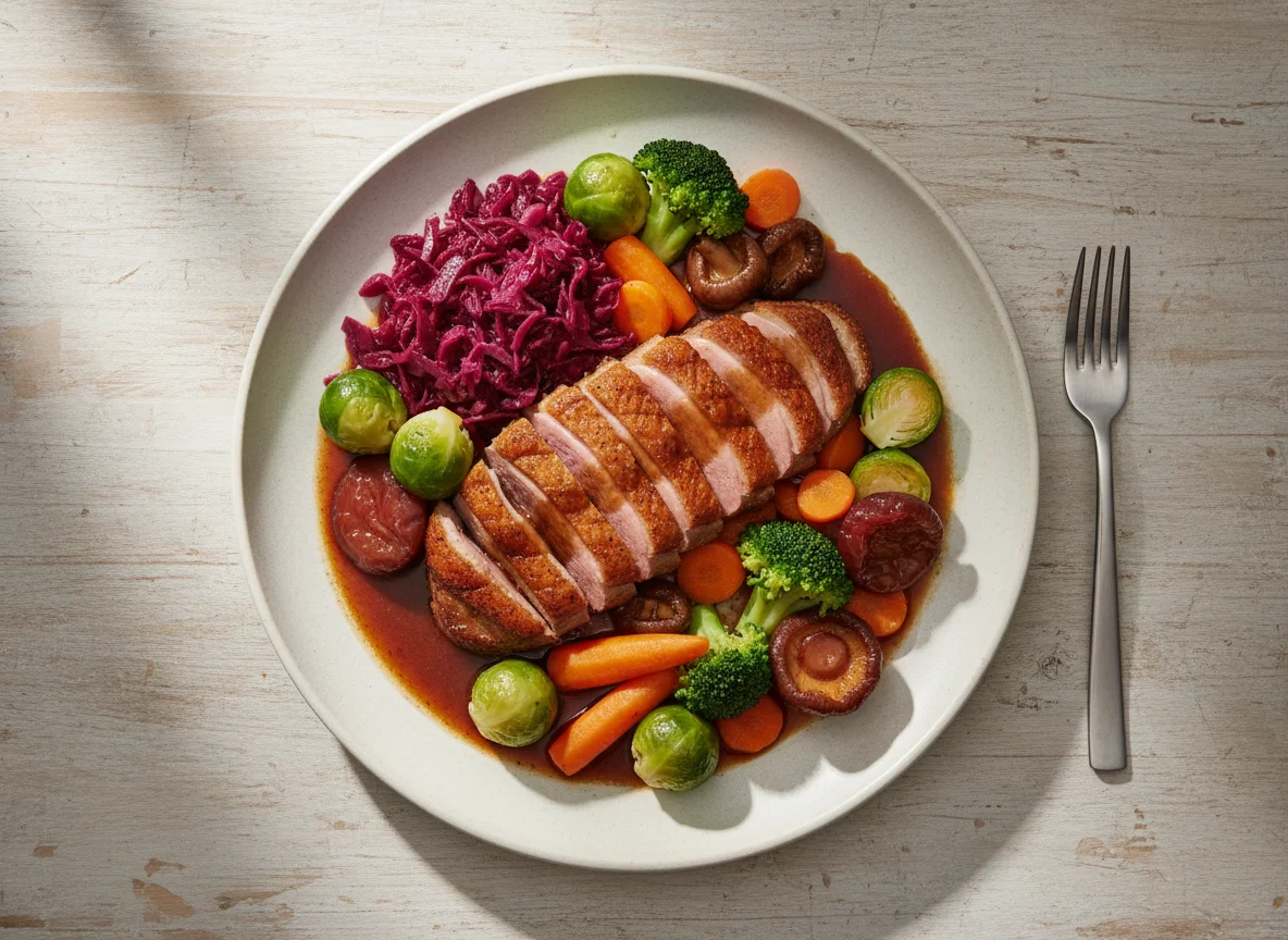 Entenbrust mit Gemüse und Sauce photo