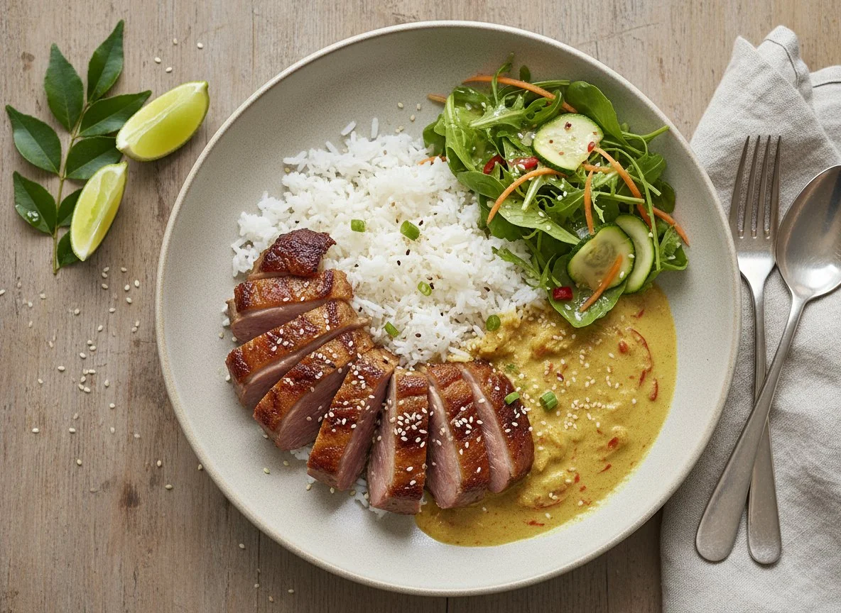 Entenbrust mit Kokos-Curry und Reis photo