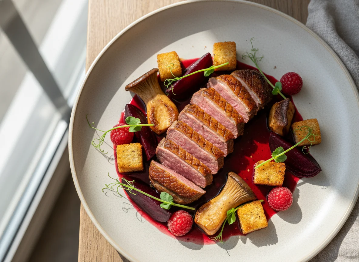 Entenbrust mit Rote Bete, Pilzen, Himbeeren und Soße photo