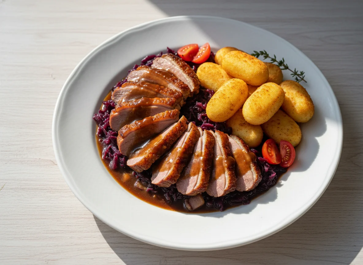 Entenbrust mit Rotkohl und Kroketten photo