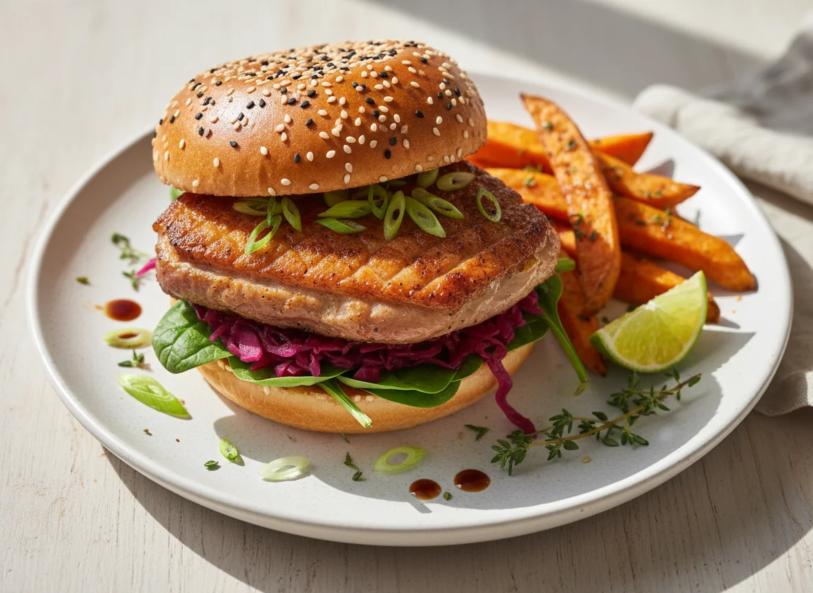 Entenfilet Burger mit Süßkartoffel-Wedges photo