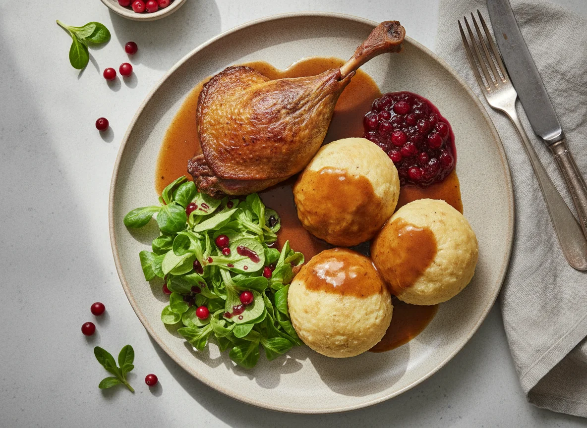 Entenkeule mit Kartoffelknödeln, Sauce, Preiselbeeren und Feldsalat photo