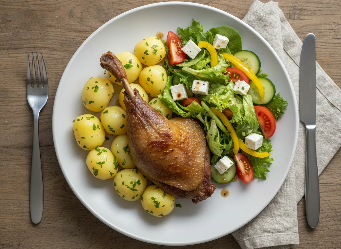 Entenkeule mit Kartoffeln und Salat photo