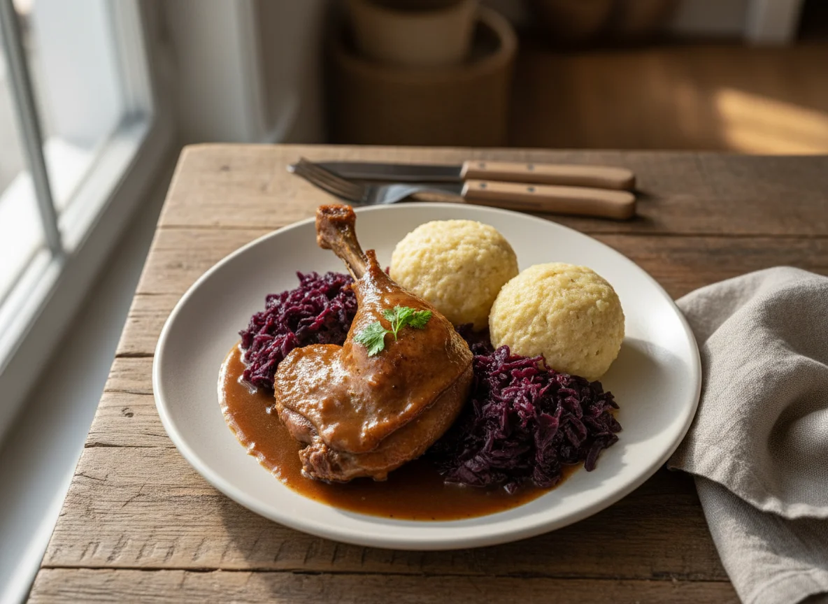 Entenkeule mit Rotkohl und Knödeln photo