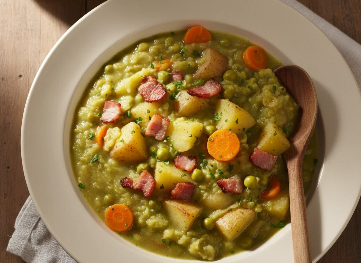 Erbseneintopf mit Kartoffeln und Speck photo