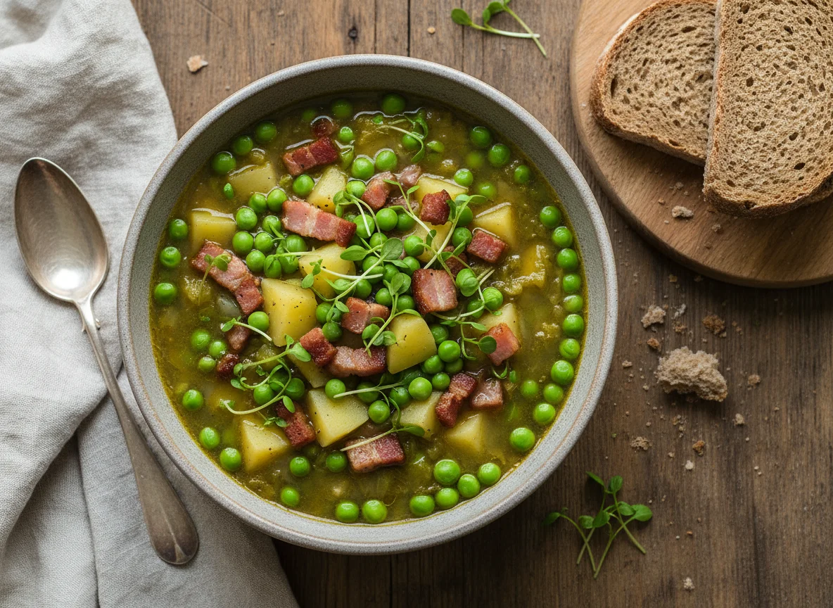 Erbseneintopf mit Speck und Brot photo