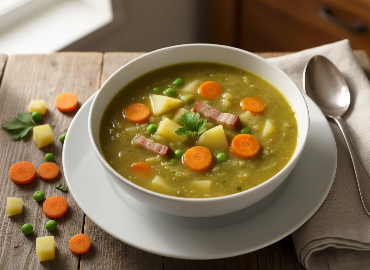 Erbsensuppe mit Kartoffeln und Karotten photo