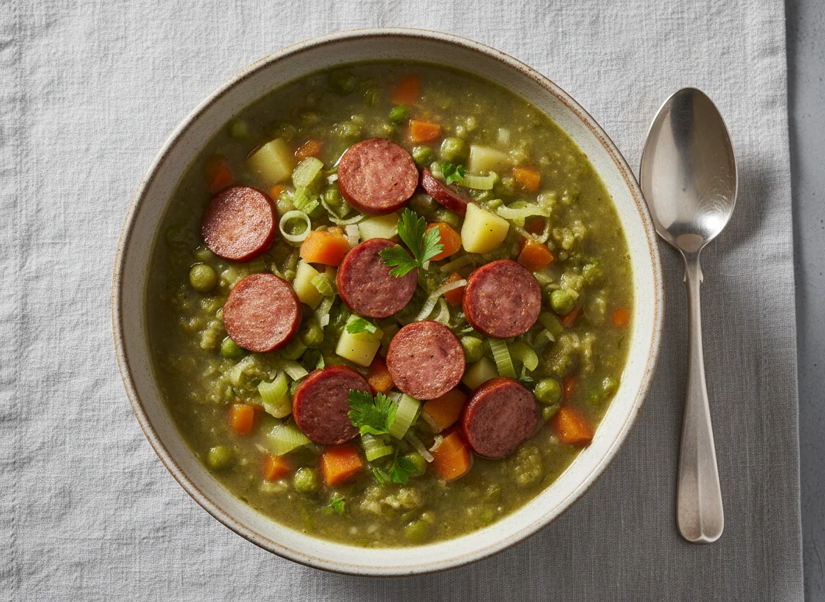 Erbsensuppe mit Wurst und Gemüse photo