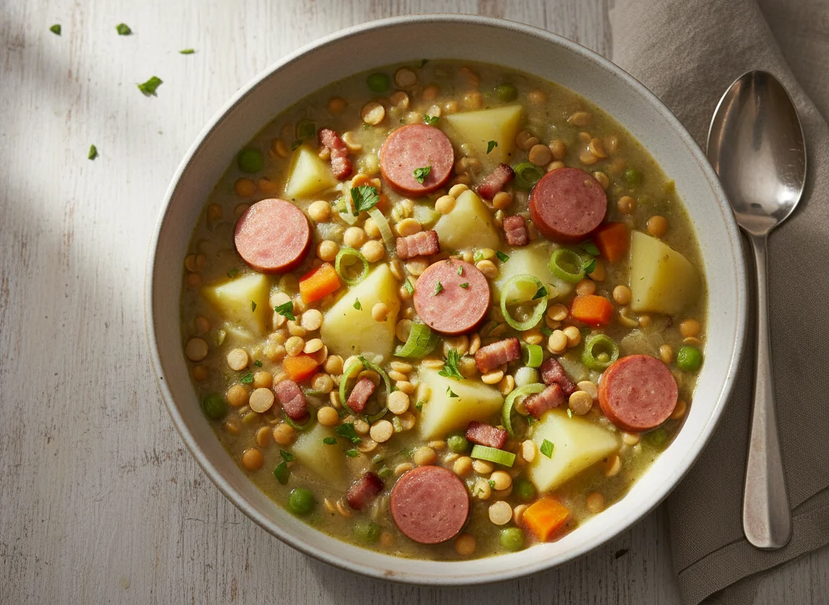 Erbsensuppe mit Würstchen und Kartoffeln photo