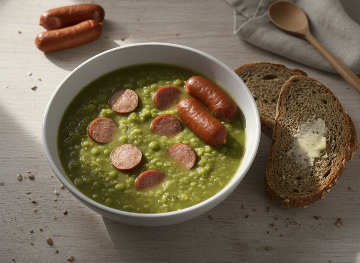 Erbsensuppe mit Würstchen und Vollkornbrot photo