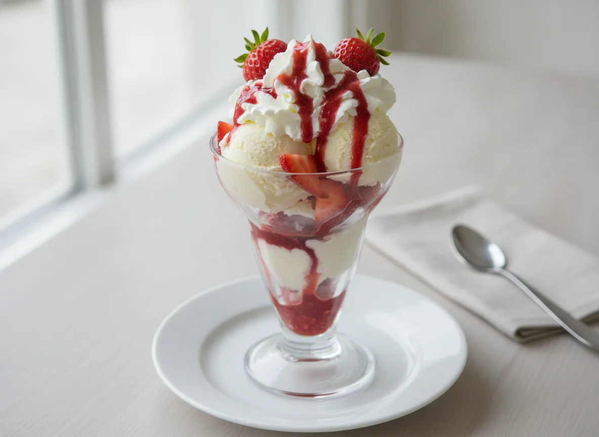 Erdbeer-Eisbecher mit Sahne photo