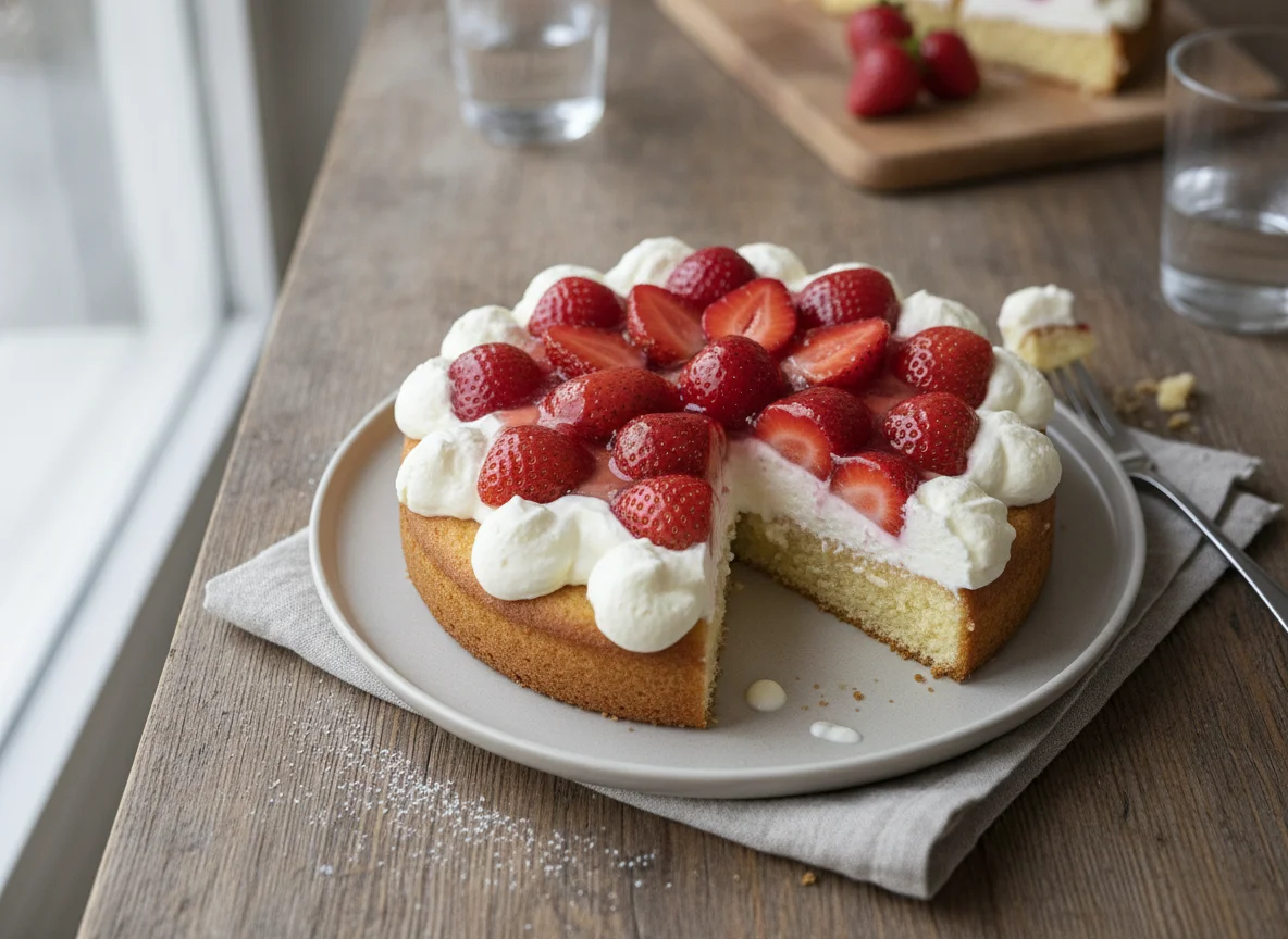 Erdbeerkuchen mit Sahne und Tortenguss photo