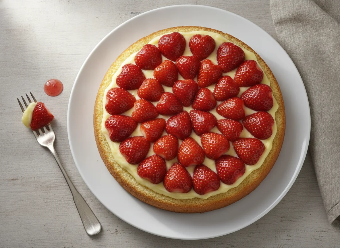 Erdbeerkuchen mit Tortenguss und Pudding photo