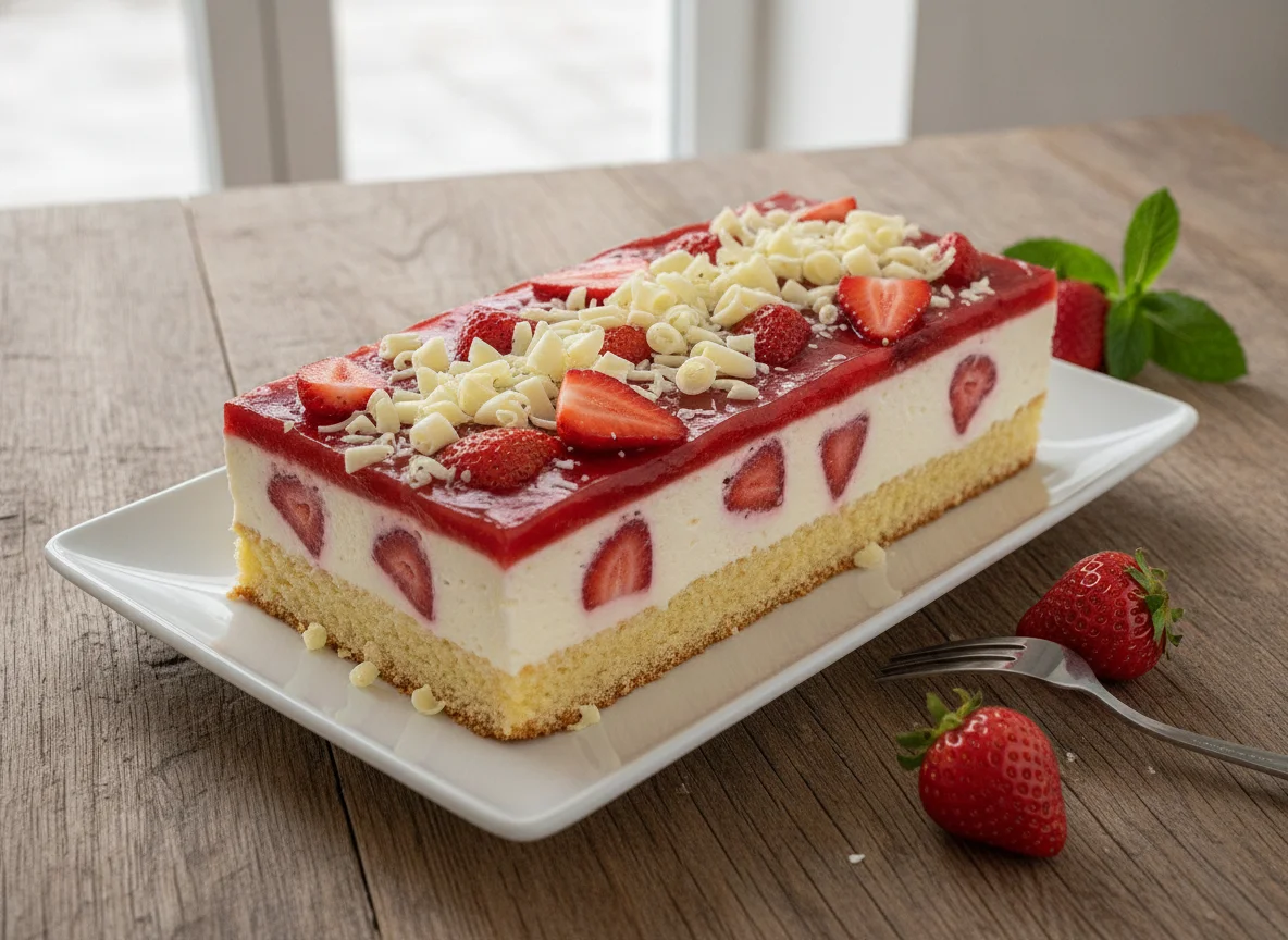 Erdbeer-Sahneschnitte mit weißer Schokolade photo