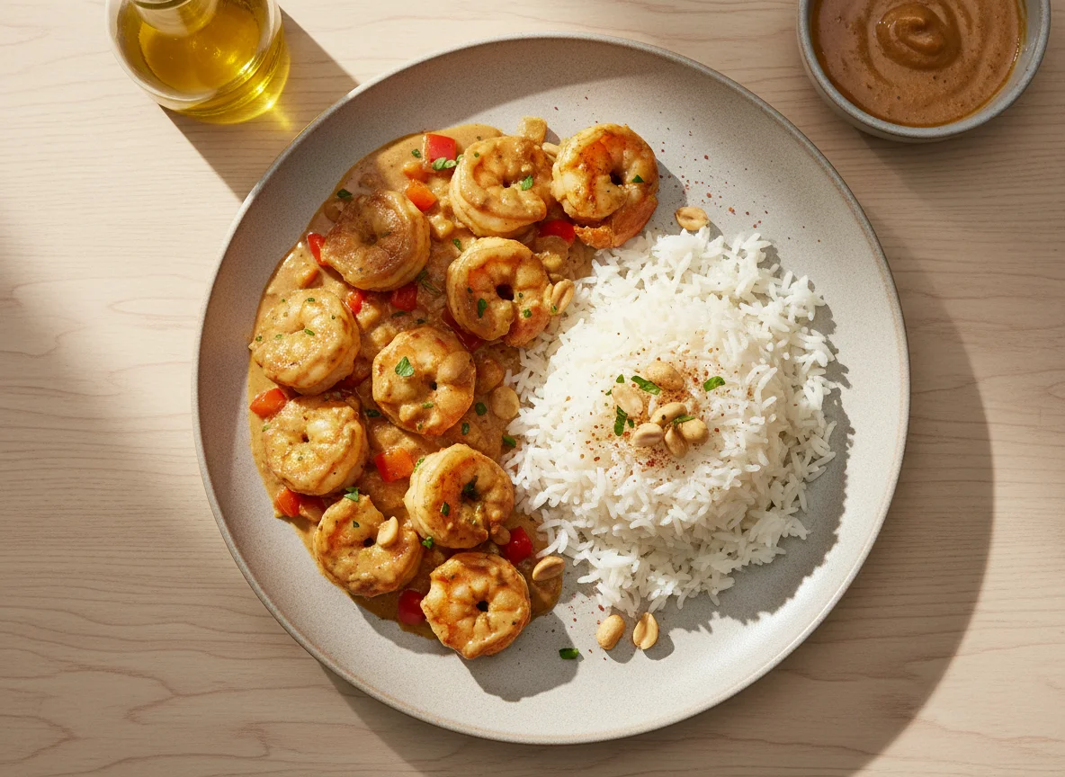 Erdnuss-Shrimps mit Basmatireis photo