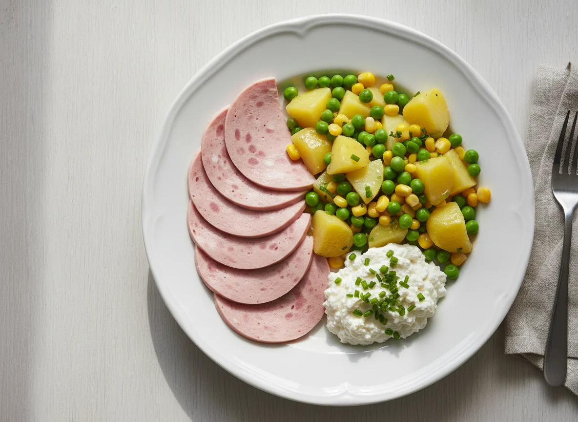 Extrawurst mit Erdäpfel-Erbsen-Mais-Salat und Topfen photo