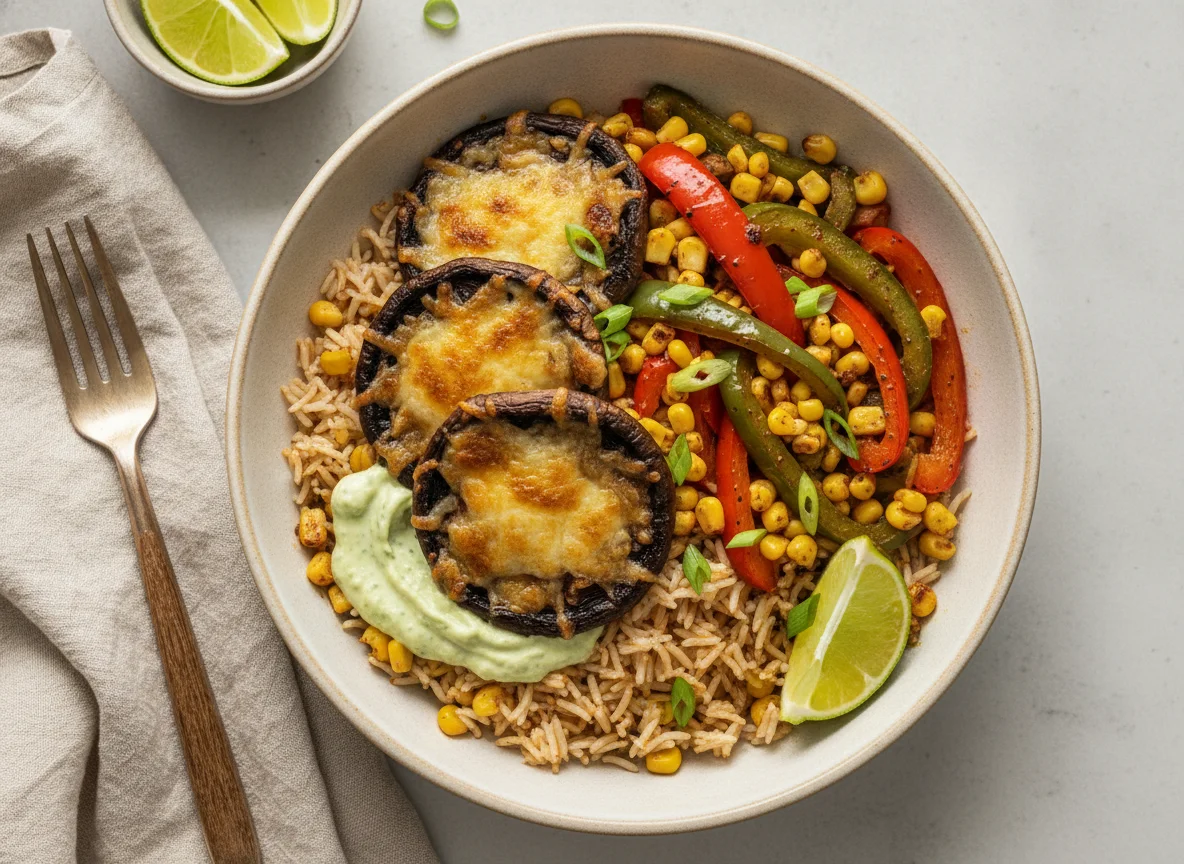Fajita Bowl mit gratinierten Portobellos photo