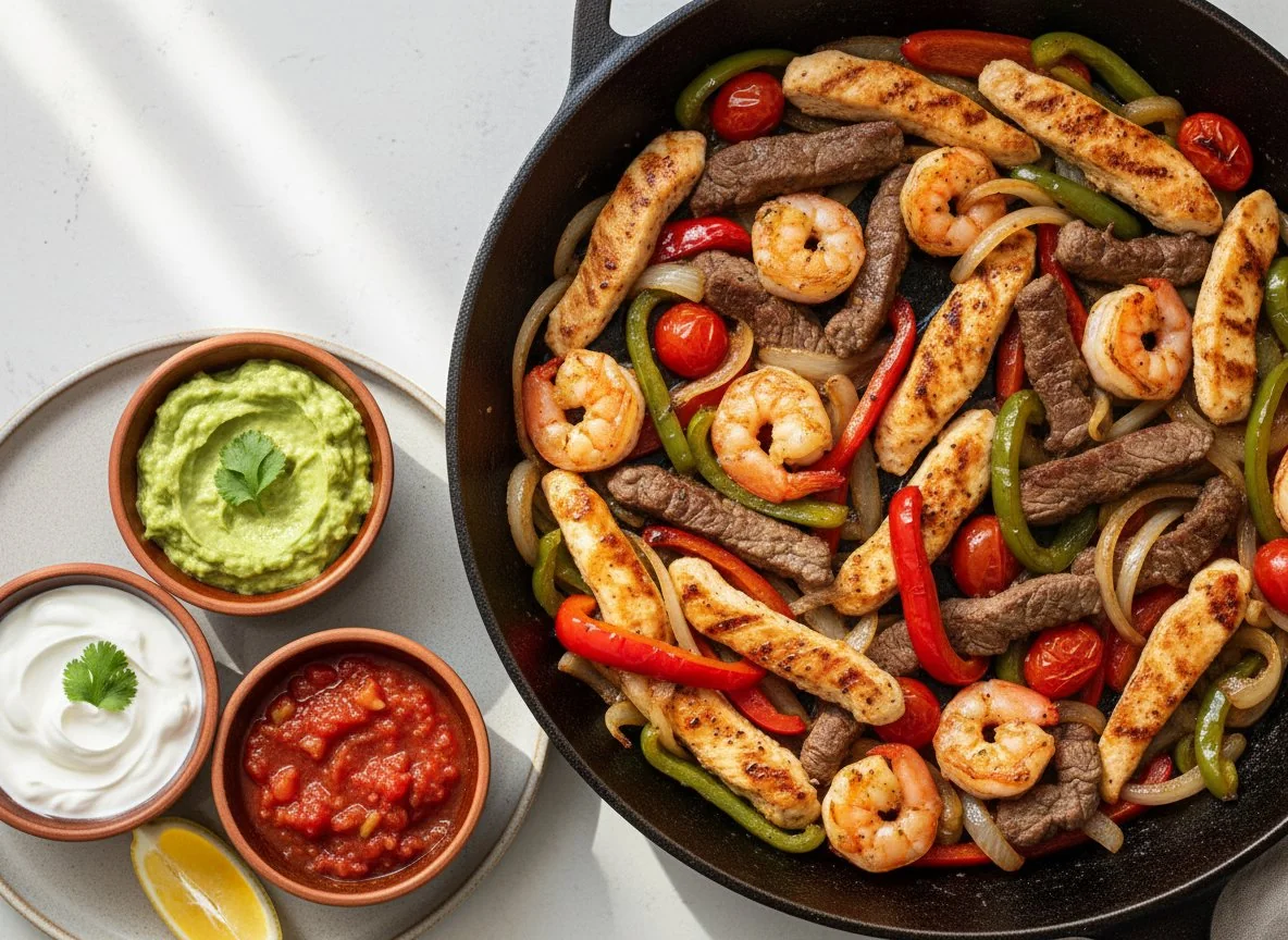 Fajita-Pfanne mit Fleisch und Garnelen photo