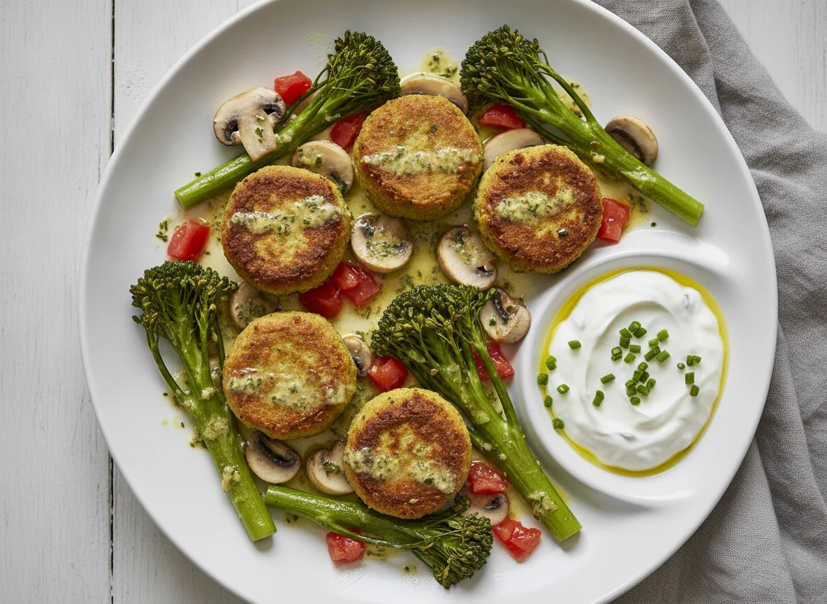 Falafel mit Brokkoli, Pilzen und Sauce photo