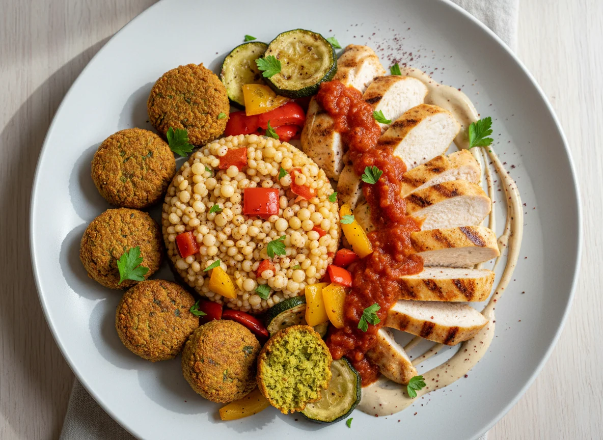 Falafel mit Couscous, Hähnchen und Gemüse photo