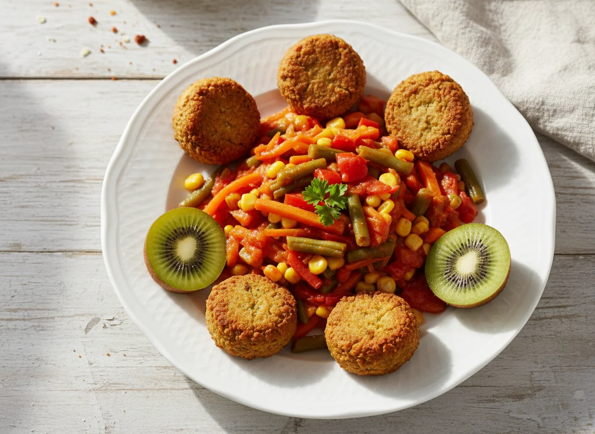 Falafel mit Gemüsepfanne und Kiwi photo