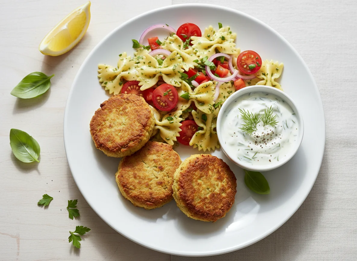 Falafel mit Nudelsalat und Dip photo