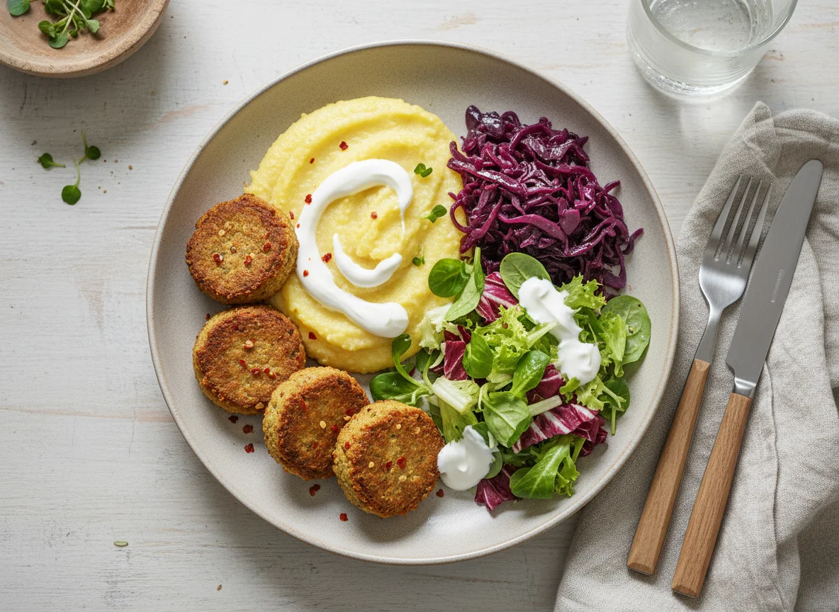 Falafel mit Polenta, Rotkohl und Salat photo