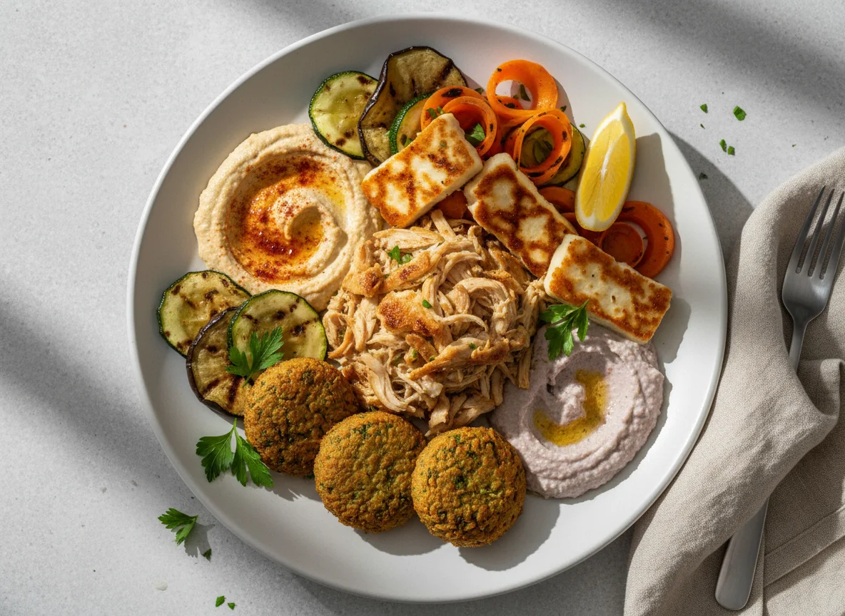 Falafel- und Hähnchen-Teller mit Hummus und Beilagen photo