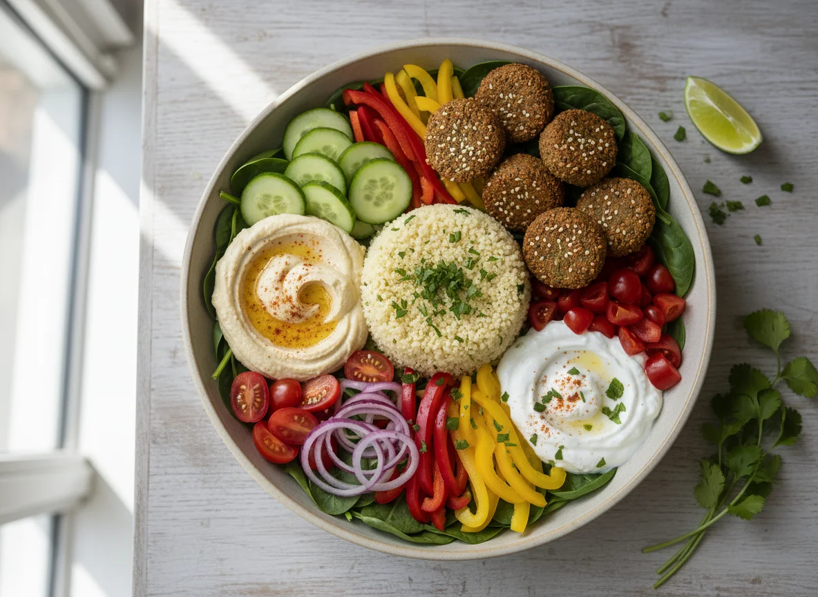 Falafel-Bowl mit Couscous und Hummus photo