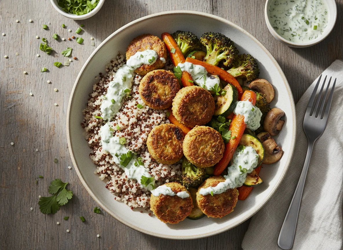 Falafel-Bowl mit Quinoa, Gemüse und Kräutersauce photo